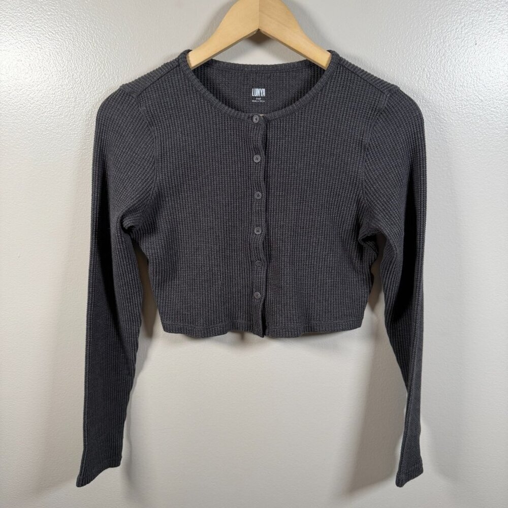 Lunya Waffle Knit Crop Top Size Small Gray Pima Cotton Button Front Minimal